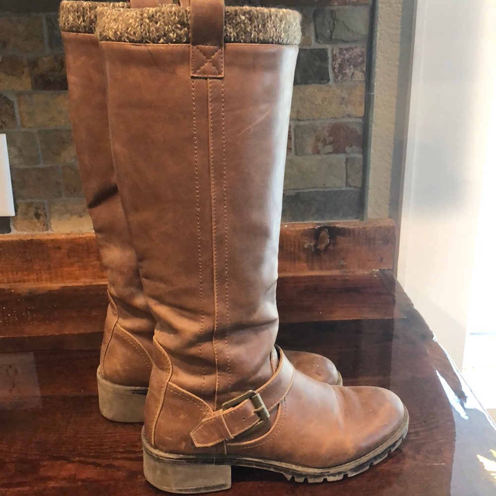 Brown Tall Boots with Buckle and Faux Sock